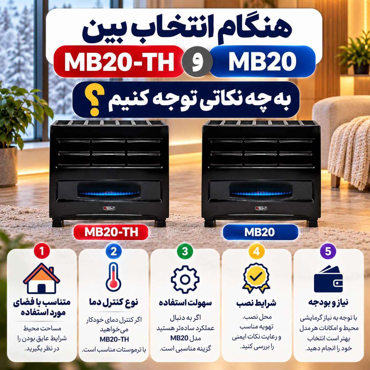 تفاوت بخاری نیک کالا مهتاب MB20 با مهتاب ترموستاتیک MB20-TH